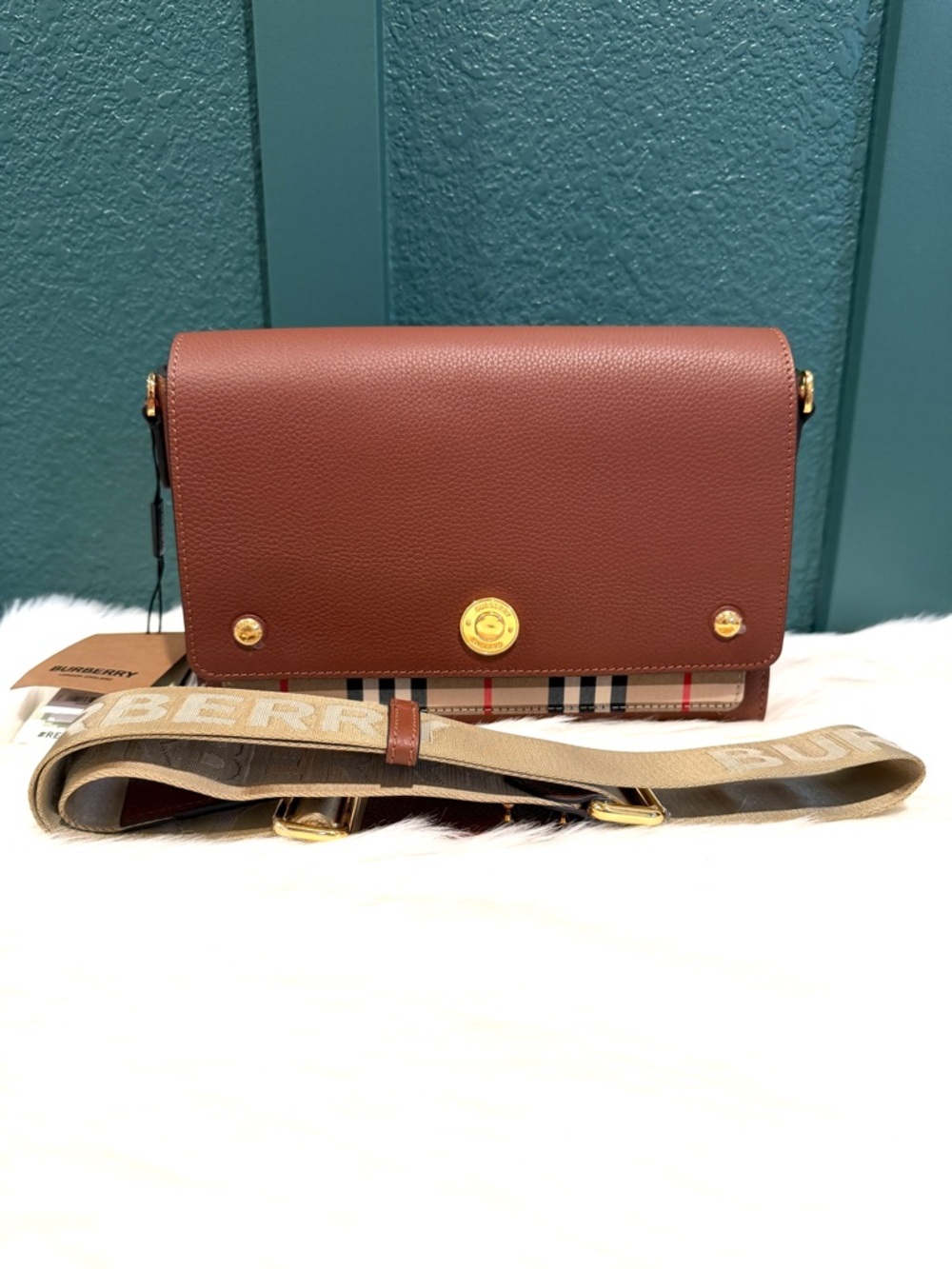 NEW Burberry Vintage Check Note Crossbody Leather Bag